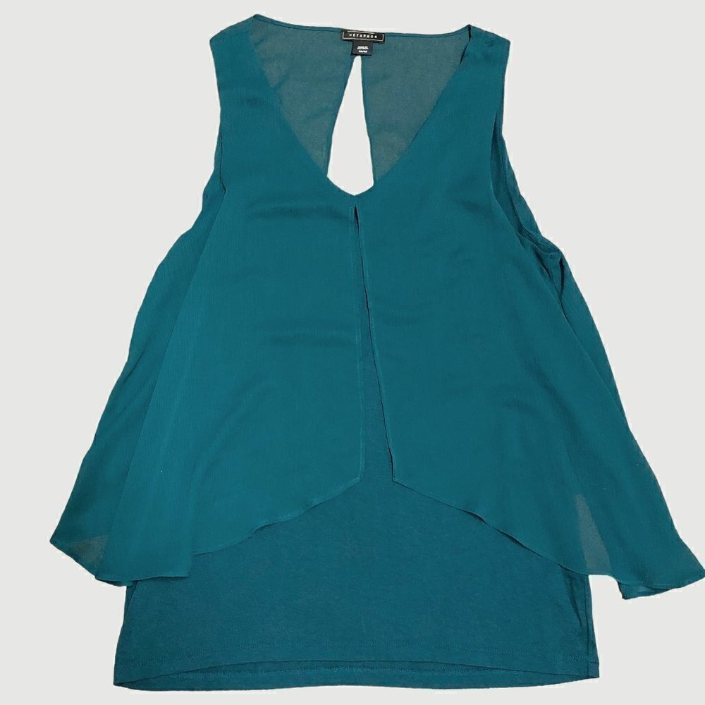METAPHOR Deep Teal “Seas” Green Flowy Layered V-Neck Sleeveless Top Size Medium